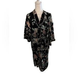 BLEUH CIEL Boho Women’s Large Kimono Duster Cardigan Robe Black Floral Wrap Tie